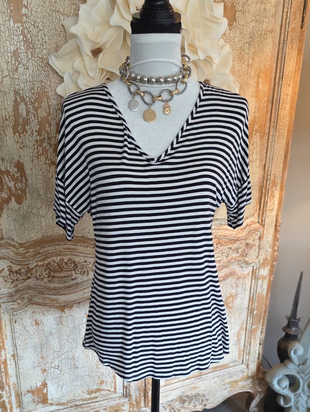 Luxe Navy & White Striped V-Neck Short Sleeve Top